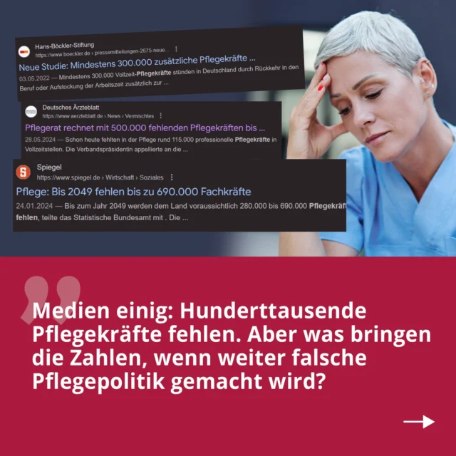 Hunderttausende Pflegefachleute fehlen bis zum Jahr X – das liest man überall.
Doch was bringen diese Zahlen, wenn immer falsche Antworten folgen?

Pflegeunternehmen bilden aus, rekrutieren aus dem Ausland, zahlen gute Löhne und verbessern Arbeitsbedingungen. Aber sie dürfen nicht gestalten. Statt Innovation regiert Bürokratie.

🔁 Mehr Lohn – gibt’s längst: seit Jahren Lohnsteigerungen überm Durchschnitt!
🔁 Mehr Fachpersonal – gibt’s demografiebedingt nicht in gewünschter Zahl
🔁 Bessere Arbeitsbedingungen – werden geschaffen
🔁 Mehr Regeln – verhindern Versorgung

🚫 Das ist kein Fortschritt, sondern ist ein Kreisverkehr ohne Ausfahrt. [Alternativ je nach Bild „das ist die Sackgasse Versorgungskrise.“]

✔ Pflegefachpersonen Verantwortung zutrauen
✔ Unternehmen Handlungsspielraum lassen
✔ Bürokratie abbauen

👉 So gelingen Jahrzehnte der Versorgungssicherheit. Das ist der Neustart, den die Pflege braucht.

#Pflege #Altenpflege #Pflegenotstand #Fachkräftemangel #AGVP #Versorgungssicherheit