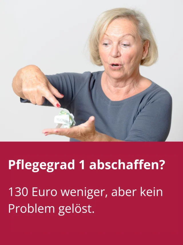 Pflegegrad 1 abschaffen? 💬

130 € weniger für Menschen mit nur leichtem Pflegebedarf – das plant die Bundesregierung.

Für die Pflegeversicherung ist das nicht mehr als eine kurze Atempause. Die meisten Pflegebedürftigen werden den Verlust auffangen können, aber einige trifft es hart.

❗️ Die wahren Probleme bleiben ungelöst.
❌ Es fehlen Pflegeplätze.

✅ Wir brauchen eine Pflegereform, die Versorgungssicherheit schafft. Pflegeunternehmen brauchen vernünftige Rahmenbedingungen für mehr Pflegeplätze – damit mehr Menschen gut versorgt werden können.

#Pflege #Altenpflege #Pflegegrad1 #Pflegepolitik #AGVP #pflegereform
